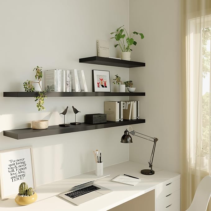 Large Floating Shelves for Wall Set of 2 Wooden Wall Shelves 36 in x 12.75 in x 2 inRoom Decor Long Shelf with Invisible Wall Mount Bracket for Bedroom Kitchen Living Room Black
