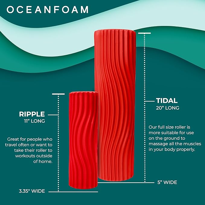 Oceanfoam Tidal Roller - Red - Muscle Massage Foam Roller for Back Pain & Stretching - Firm and Ergonomic Wide Wave Textured - Yoga, Athletics, & Wellness - Full Size, 20" x 5"