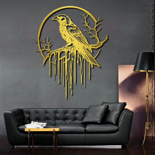 Crow Metal Wall Decor, Raven Wall Art, Large Gothic Raven Decor Hangings, Bird Wall Decor, Metal Tree Branch Decor, Ravens Sign, Raven Art for Living Room (Gold, 47"x38" | 120x96cm, metal wall art)