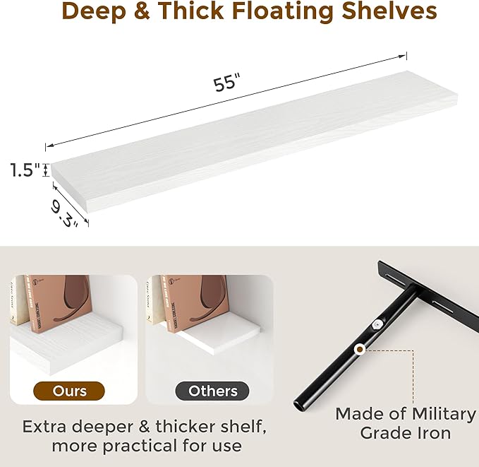 Fun Memories Floating Shelves 55 Inch Set of 2, White 55 x 9 Wall Shelves for Home Decor Storage, Rustic Wood Floating Shelf for Wall, 9 Inch Deep Shelving for Bathroom, Living Room, Kitchen