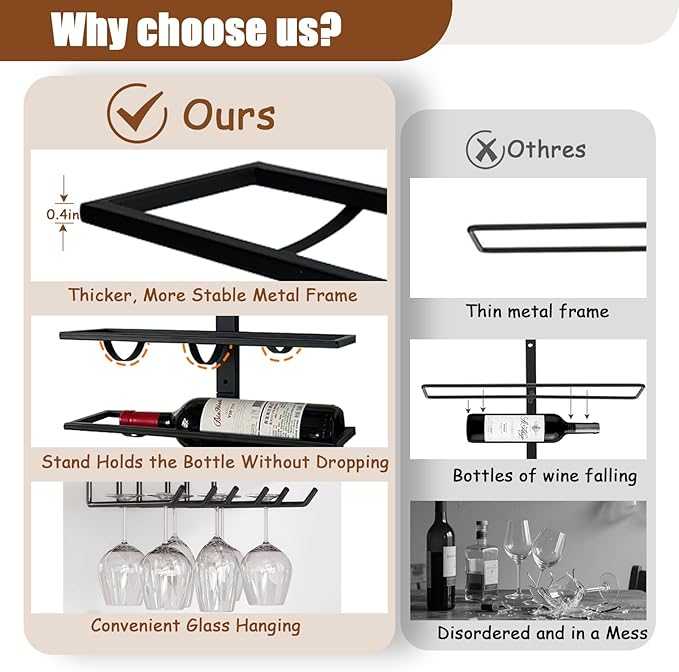 10 Bottle Wall Mount Wine Rack with Wine Glass Holder, Metal Wine Wall Rack, Wall Racks for Wine Bottles Display and Storage, Hanging Bottle Organizer for Living Dining Room Wine Cellar Bar (Black)