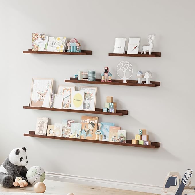 SAUMONIERES Picture Ledge Shelf Floating Book Shelves Set of 2 Wall Mounted Solid Wood for Bedroom Bathroom Living Room Kitchen, 24 Inch Walnut