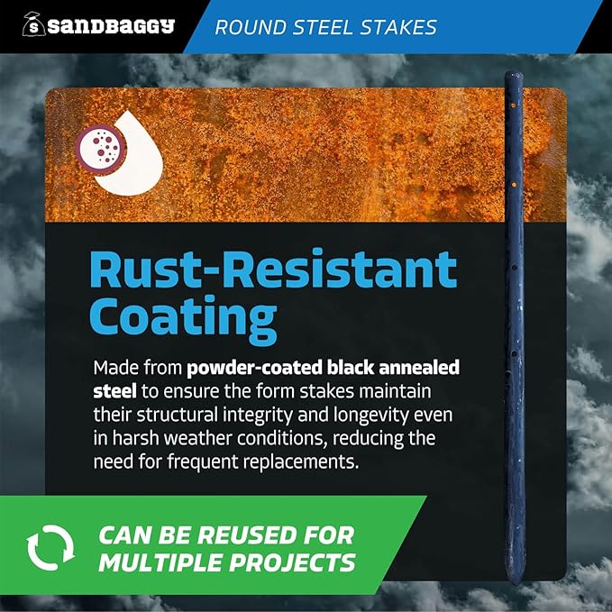Sandbaggy Round Steel Concrete Form Stakes with Nail Holes - Rust Resistant Coating - Removable, Reusable (1000, 3/4 in X 18 in)