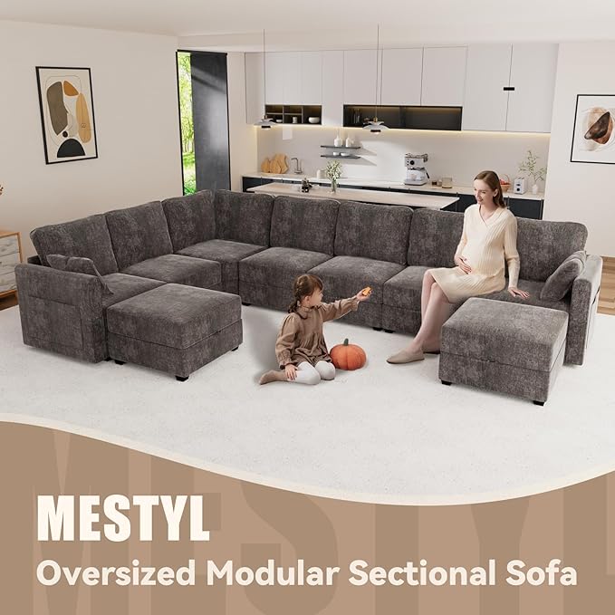 mestyl Modular Sectional Sofa Convertible U Shaped Sofa Couch Set with Storage for Living Room, Modern 3 Seater Modular Sectional Couch with 2 Movable Ottoman (Grey)