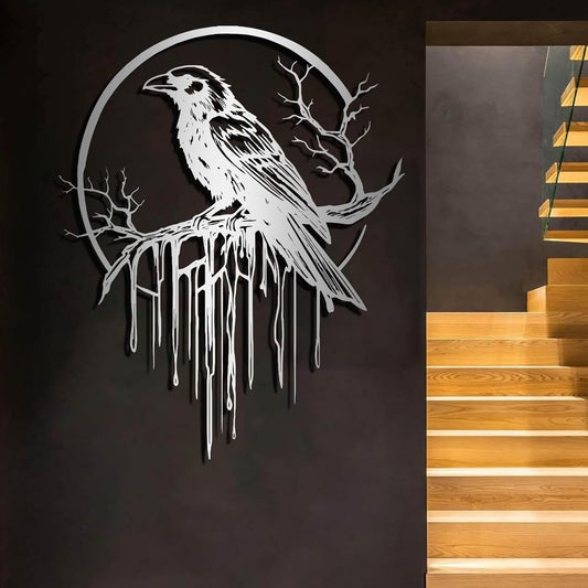 Crow Metal Wall Decor, Raven Wall Art, Large Gothic Raven Decor Hangings, Bird Wall Decor, Metal Tree Branch Decor, Ravens Sign, Raven Art for Living Room (Silver, 47"x38" | 120x96cm, metal wall art)