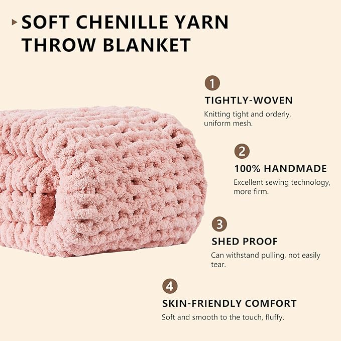 L'AGRATY Chunky Knit Blanket Throw - Soft Chenille Yarn Throw Blanket 40x50: Handmade Thick Knit Crochet Blanket - Large Chunky Rope Pink Throw Blanket for Couch Sofa Bed Home Decor