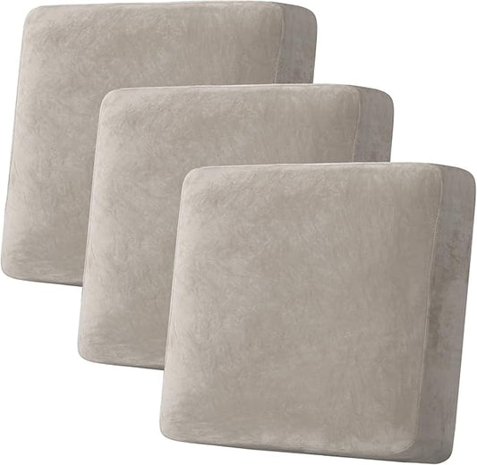 H.VERSAILTEX Velvet Stretch Couch Cushion Cover Plush Cushion Slipcover for Chair Loveseat Sofa Cushion Furniture Protector Seat Cushion Sofa Cover (3 Piece XL Sofa Cushion Covers, Oatmeal)