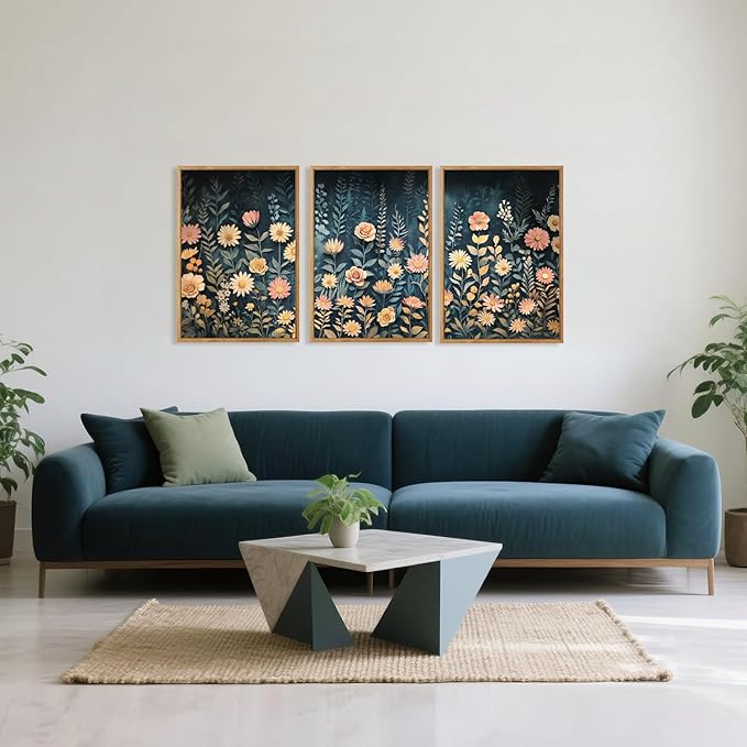 HPNIUB Modern Dark Wildflower Framed Canvas Wall Art Set,Minimalist Nature Jungle Botanical Landscape Wall Decor, (16x24 Inch) Farmhouse Painting for Living Room, Bedroom, Office