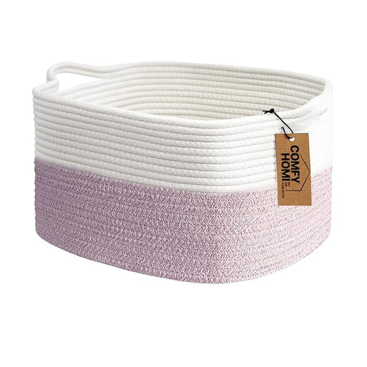 COMFY-HOMI Cotton Rope Woven Medium Basket with Handles for shelf，Cloth Storage Basket for Organizing-13.5X11X9.5 Storage Bin for Bedroom, Newborn or Infant Gift for boy girl （White/Pink）