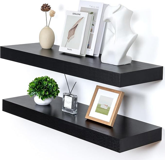 Deep Floating Shelves for Wall, 12'' Deep Large Floating Shelves Set of 2, 36 Inch Distressed Black Wood Shelves for Living Room Bathroom Laundry Room Bedroom Kitchen Home Office - Black