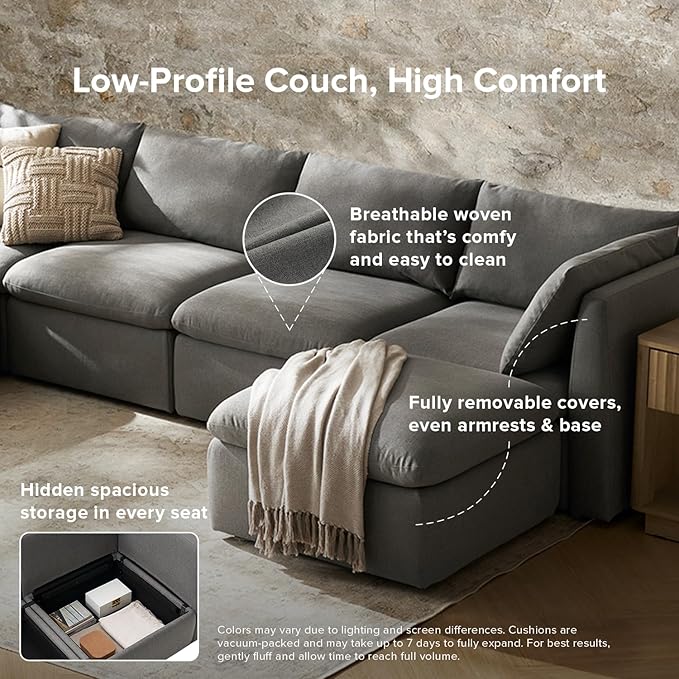 mopio Oversized Modular Sectional Sofa with Fully Removable Covers and Storage, Convertible U, L-Shaped and Sleeper Sectional, Modern Couches with Ottoman Chaise (Stone Gray Fabric, 5 Seats, L)