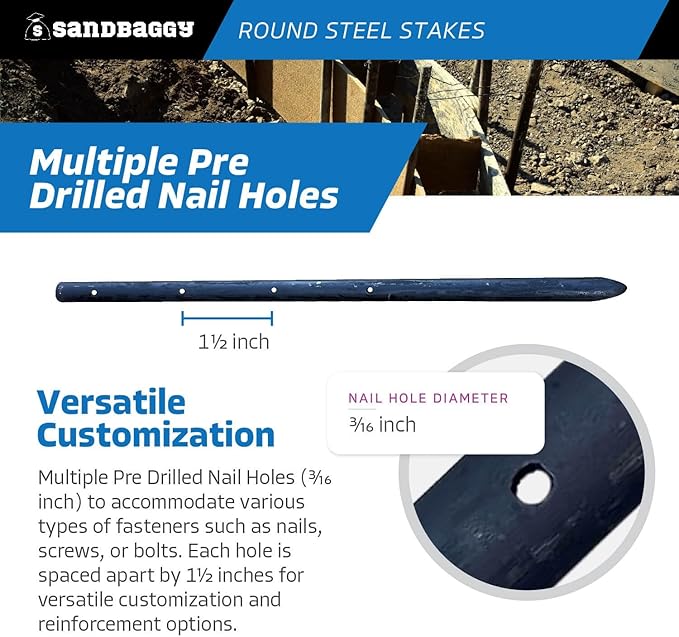 Sandbaggy Round Steel Concrete Form Stakes with Nail Holes - Rust Resistant Coating - Removable, Reusable (100, 3/4 in X 18 in)