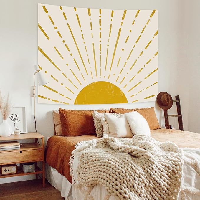 Kanuyee Gold Boho Burning Sun Tapestry Wall Hanging, Retro 70s Abstract Vintage Geometric Line Sunrise Tapestries for Bedroom Living Room Backdrop 60×80 inch