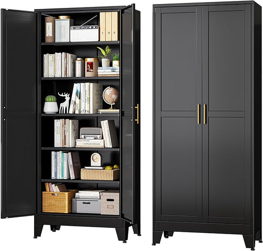 Black Metal Storage Cabinet,75" Steel Cabinets for Home Office, Kitchen Pantry Storage Cabinet with Doors and 5 Adjustable Shelves, Tool Cabinets, for Office, Home, Garage, School