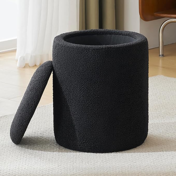 YFO Round Boucle Ottoman with Storage, Multifunctional Upholstered Vanity Chairs for Makeup, Soft Padded Seat with Removable Lid, Modern Rest Stool Seat for Living Room, Bedroom, Black