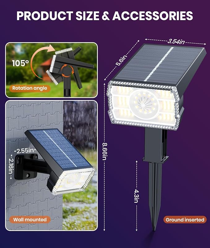 Solar Spot Lights Outdoor 2-Pack Multicolor IP65 Waterproof RGB - 6 Colors, 2 Modes, 105° Adjustable 58 LED Flood Lights, Solar Powered Spotlights for Yard, Garden, House & Landscape Lighting Outside