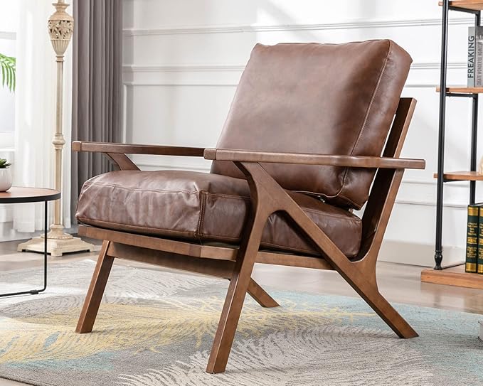 HNY Mid Century Arm Chairs Set of 2, Retro Accent Armchair with Wood Frames & Faux Leather Upholstered Removable Cushions, Leisure Reading Chair Slipper Chair for Living Room Bedroom, Brown
