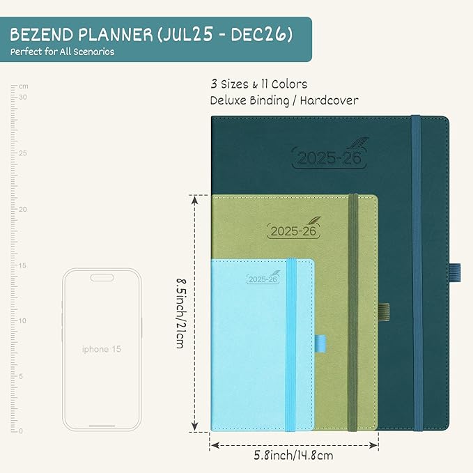 BEZEND Planner 2025-2026 Weekly and Monthly, 5.8" x 8.5" Academic Calendar (Jul 25-Dec 26) Vertical Daily Appointment with Hourly Timeslot & Monthly Tab, PU Leather Hardcover - Cornflower