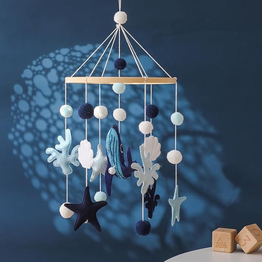 Baby Crib Mobile for Boys Girls - Ocean Animals Mobile for Crib, Gender Neutral Nursery Mobile, Baby Bassinet Mobile Toy for Soothing Sleep | Ceiling Mobile - Blue Whale, Shell, Coral, Starfish