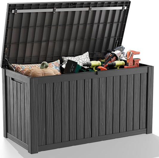 DRATO 150 Gallon Outdoor Storage Box, Large Waterproof Deck Box, Lockable Resin Storage Container with Reinforced Support for Patio Cushions, Garden Tools, UV-Resistant Outdoor Chest（Black）