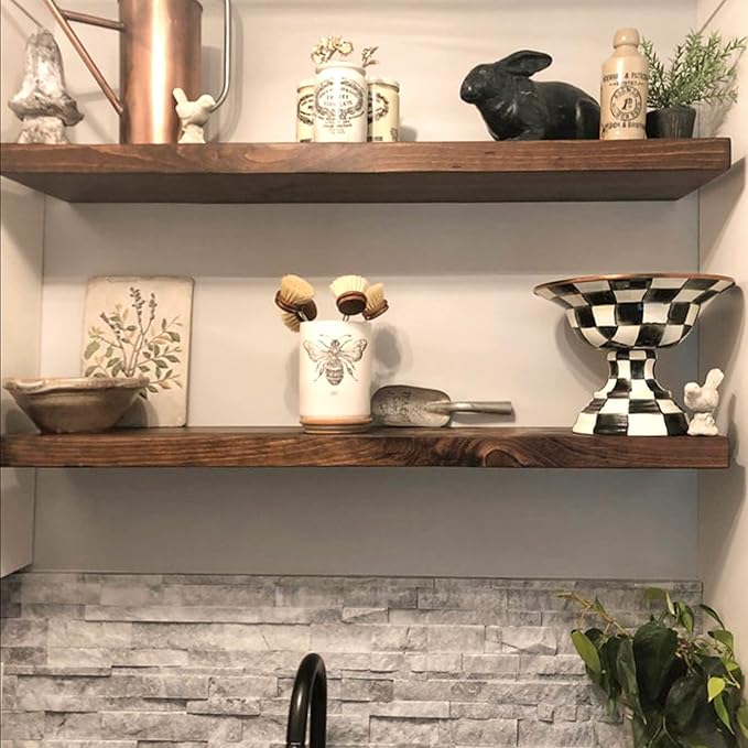 URBANDI, Rustic Floating Shelves, Set of 2, Hidden Bracket, Solid Wood, Heavy Duty, Wall Mounted Shelves, (Provincial, 48Wx12D)