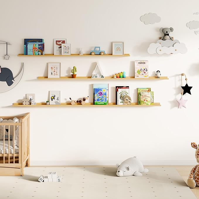 Floating Picture Ledge Shelves for Wall Set of 2, 72 Inches Picture Ledge Shelf with Long Large Nursery Book Shelf for Toys Storage Kids Bookshelf Wall Mounted Living Room Bedroom Decor Frames, Oak