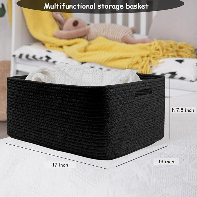 COMFY-HOMI Cotton Rope Woven Basket with Handles for Shelves,Toys,Book, Cloth Storage Baskets for Organizing-17" x 13" x 7.5" Toy Decorative Organizer for Living Room, Bathroom （all black）