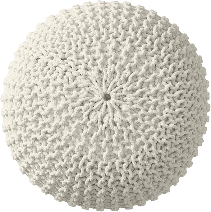Ornavo Home Pouf Ottoman Foot Rest - 100% Cotton Pouffe - Hand Knitted Cable Braid Cord - Boho Round Stuffed Ottoman for Living Room, Bedroom - Natural