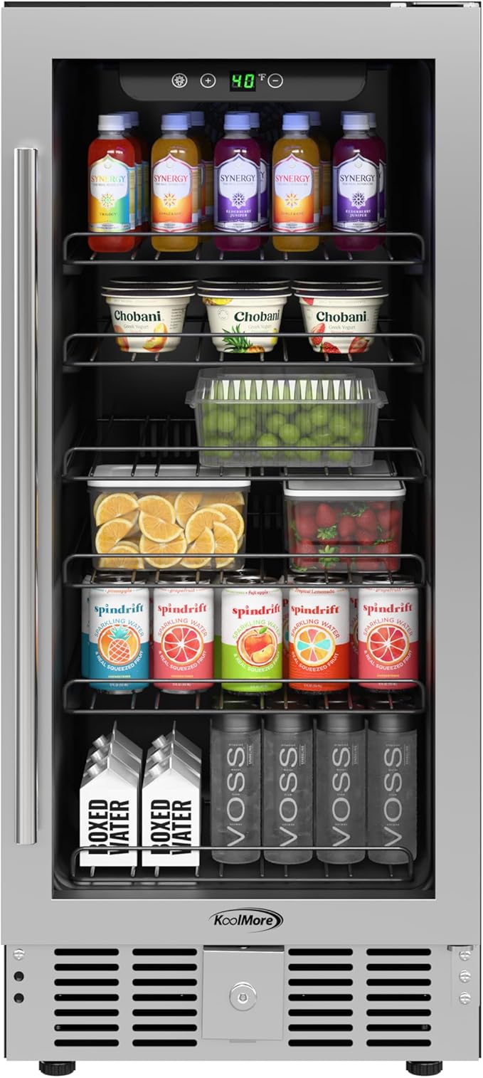 KoolMore 15” Inch Small Built-In Refrigerator and Beverage Cooler for Soda Cans, Beer Cans, Food and Fresh Snacks, 5 Wire Shelves, Adjustable Temperature Range (KM-BIR3C-GD), Stainless Steel