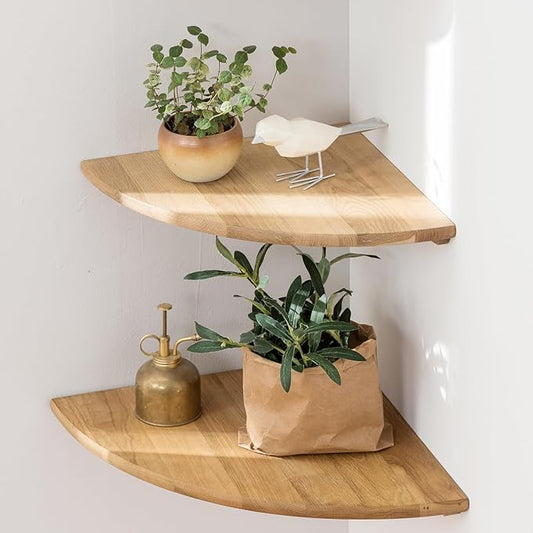 Corner Shelves, Floating Corner Shelf, Set of 2 10inch Solid Oak Wood Corner Wall Shelves, Round End Wall Mount Display Shelf with Wire Hole for Bedroom Kitchen, Living Room