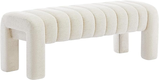 43.3" Bedroom Bench, Upholstered Entryway Bench, Modern End of Bed Ottoman with Solid Wood Legs and Adjustable Foot Pegs for Entryway, Dining Room and Living Room (Beige Linen)