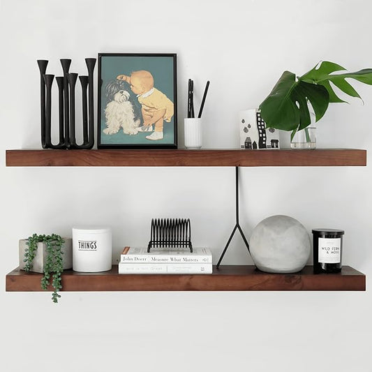 Homeforia Walnut 36 inch Floating Shelf, High End Solid Real Wood 36inch Large Shelves for Bathroom Wall, Dark Brown 36 inches Long Floating Shelves, Heavy Duty Bracket, 36 X 6.5 X 1.75 inch, Set of 2