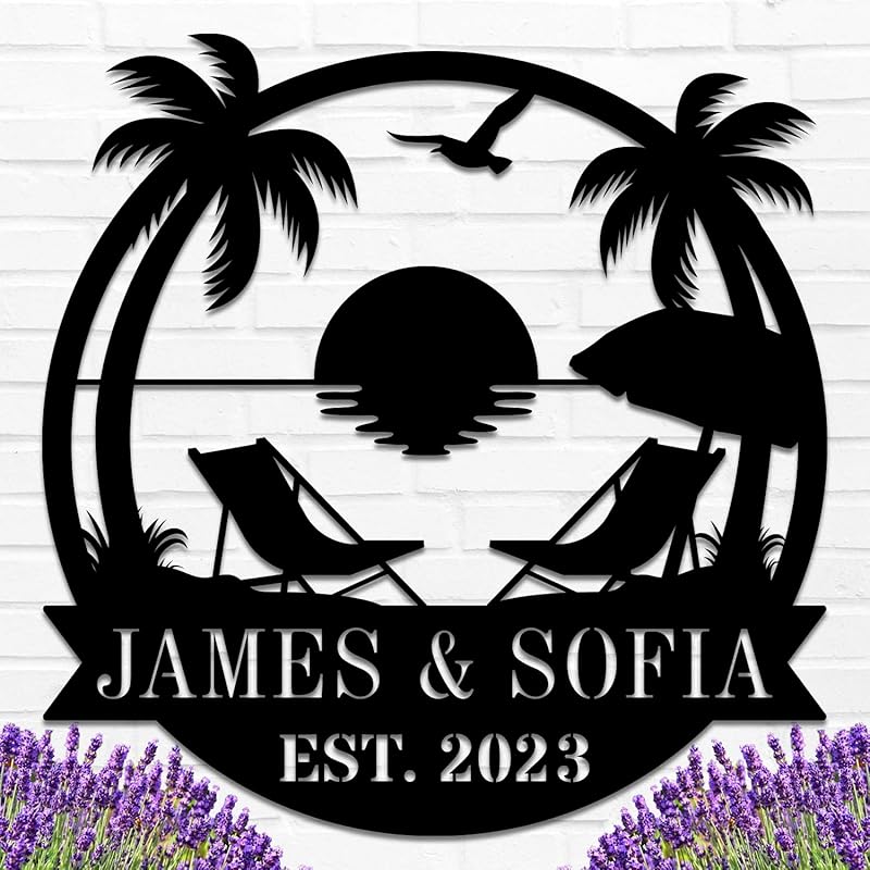 Personalized Beach Metal Monogram Sign, Custom Palm Trees Metal Name Sign, Outdoor Metal Family Name Sign, Custom Last Name Sign, Beach Coastal House Decor