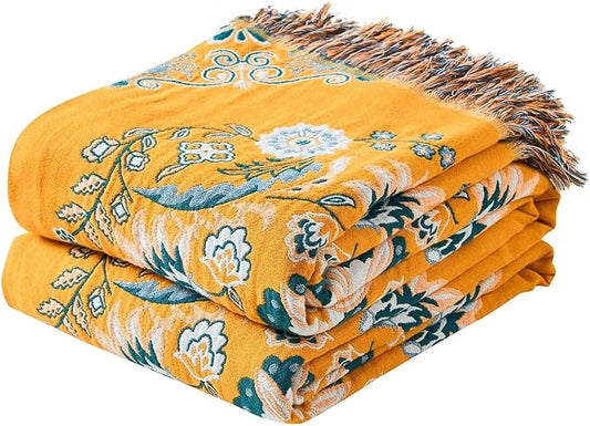 Boho Throw Blanket, 100% Cotton Ultra Soft Luxury Throw Rustic Quilt, Floral Printed Farmhouse Decor Bed Summer Blankets, All Season Rustic Reversible Bohemian Throw for Bed (60"x80" Yellow