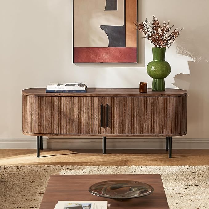 mopio Quin TV Stand, Mid Century Modern for 55/60/65 inch TV, Farmhouse TV Stand, Entertainment Center with Storage, TV and Media Console for Living Room (Walnut, 59" Tambour)