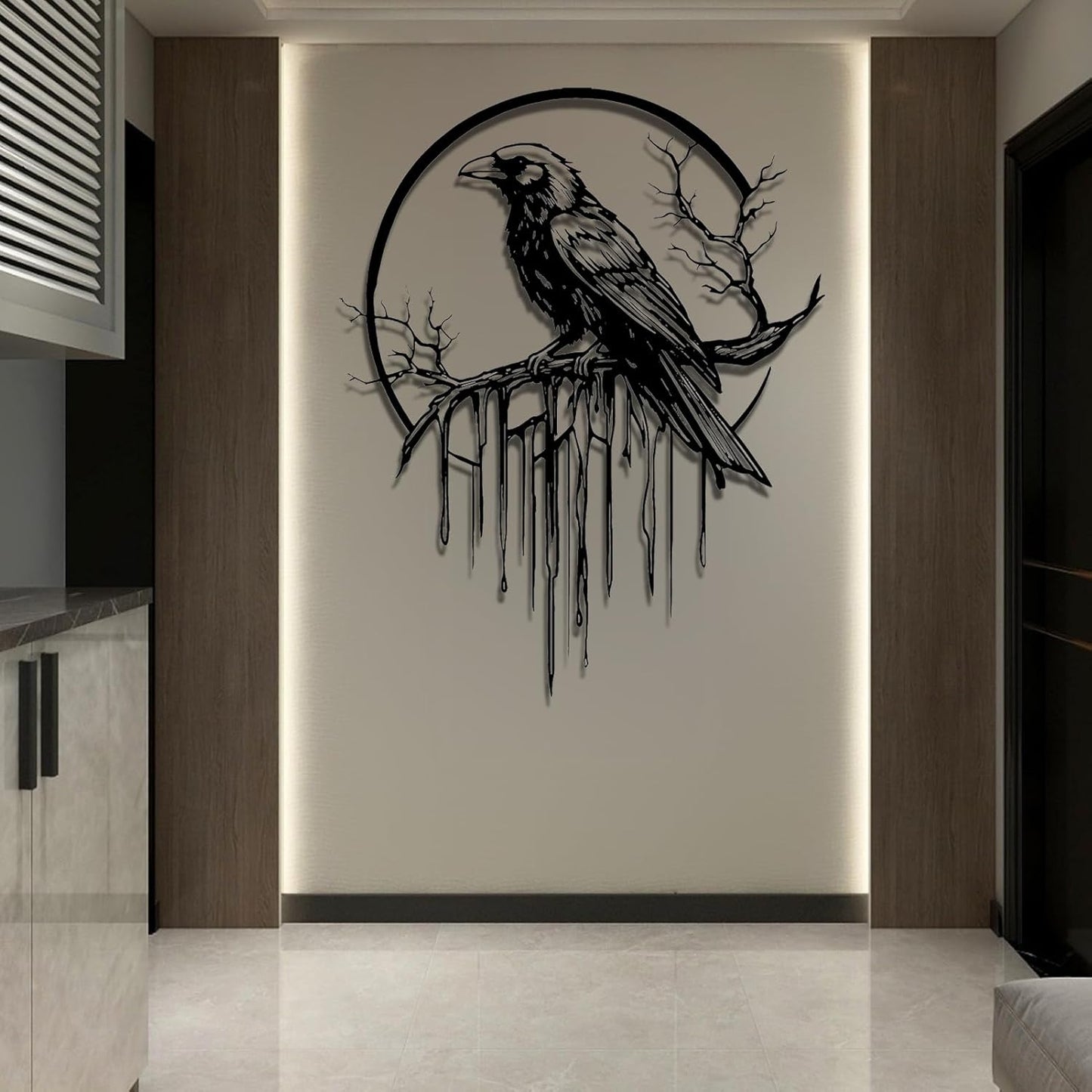 Crow Metal Wall Decor, Raven Wall Art, Large Gothic Raven Decor Hangings, Bird Wall Decor, Metal Tree Branch Decor, Ravens Sign, Raven Art for Living Room (Black, 28"x22" |70x56cm, metal wall art)