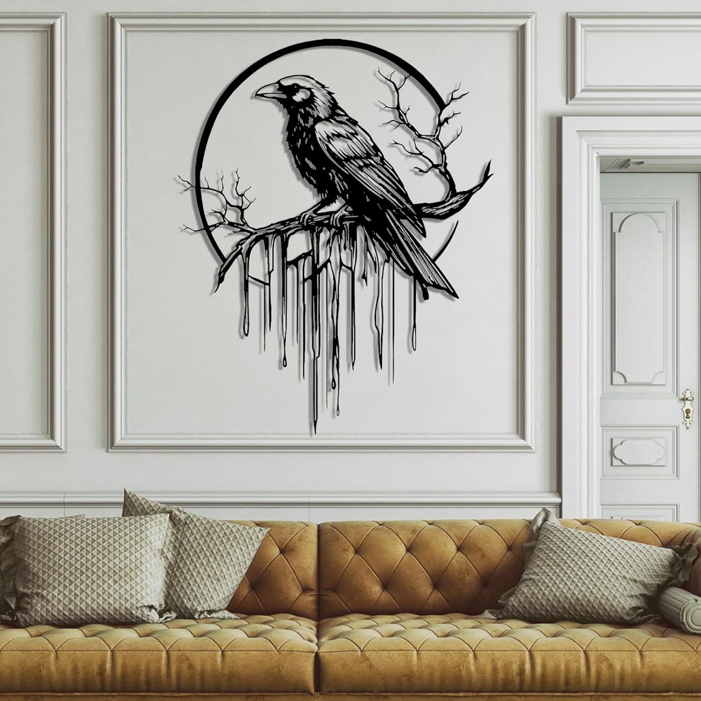Crow Metal Wall Decor, Raven Wall Art, Large Gothic Raven Decor Hangings, Bird Wall Decor, Metal Tree Branch Decor, Ravens Sign, Raven Art for Living Room (Black, 47"x38" | 120x96cm, metal wall art)
