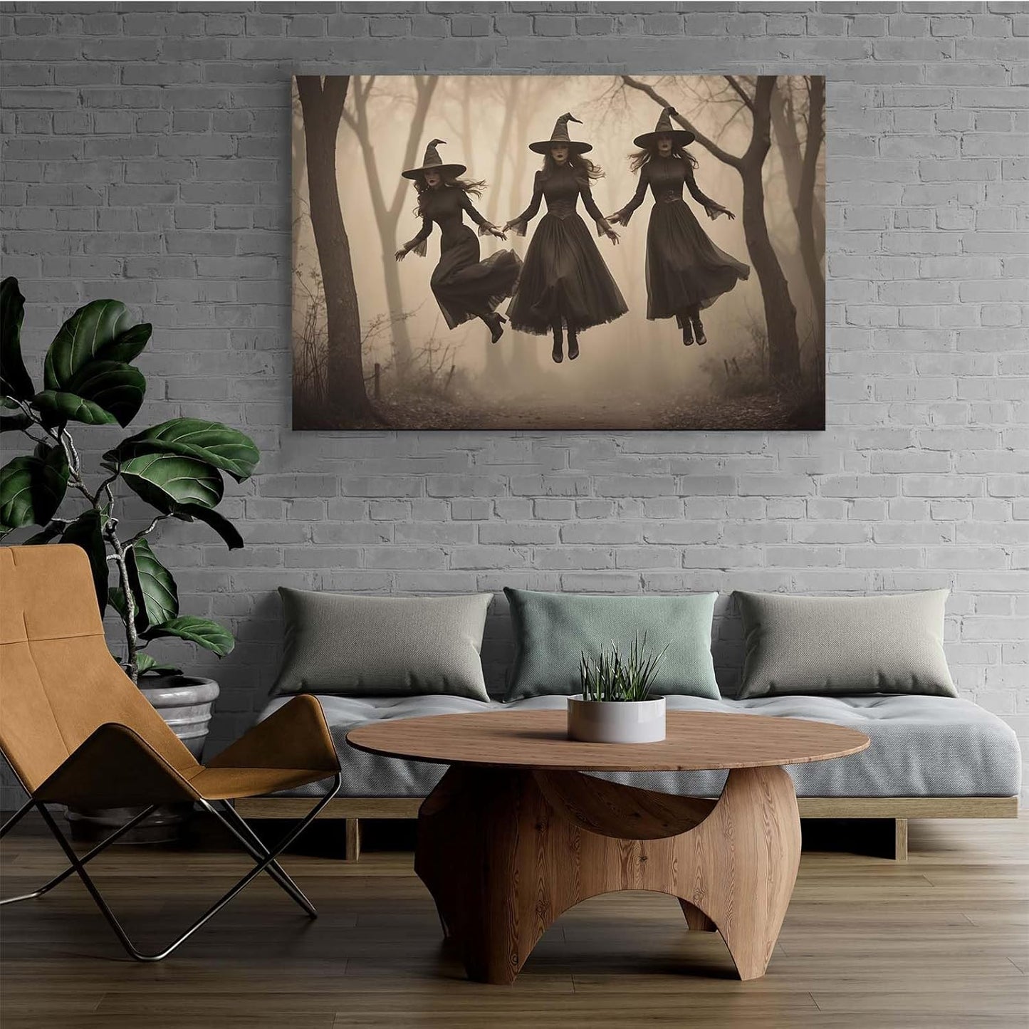 Three ghost witches flying in vintage forest gothic wall art witchcraft decoration holiday gift canvas wall art print8x12in Wood Framed