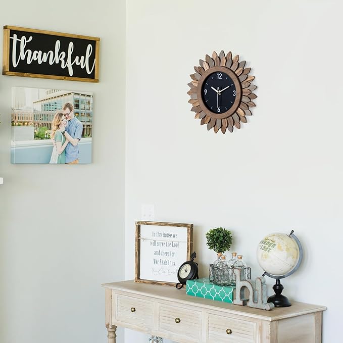 Honiway Wall Clock Battery Operated 12 in Rustic Wood Boho Sunburst Decorative Wall Clock Silent Non Ticking Farmhouse Small Wall Clocks for Living Room Kitchen Bathroom Bedroom Decor (Tricolor)