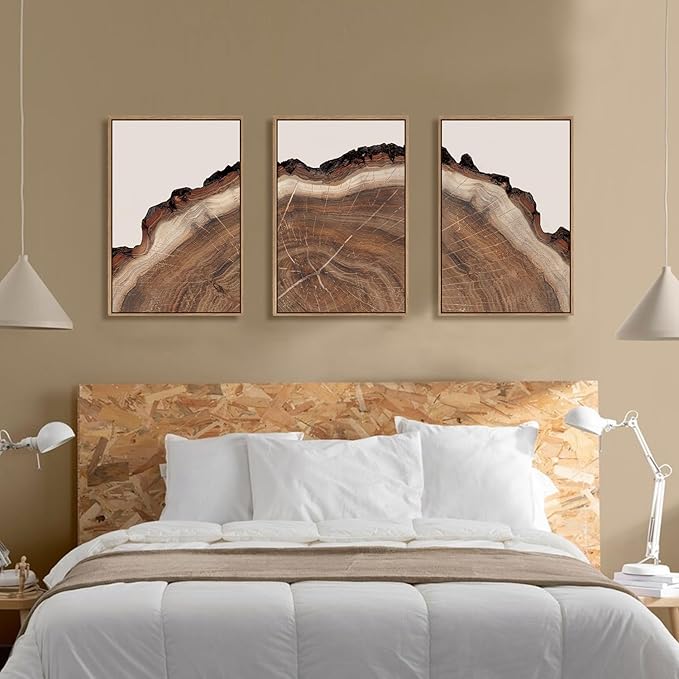HPINUB Framed Tree Rings Wood Wall Art Set, Modern Beige Wood Stump Wall Decor, Abstract Black and Gray Tree Spiral Wall Painting, Nature-Inspired Art Print for Living Room, Bedroom, Office-24"x36"x3