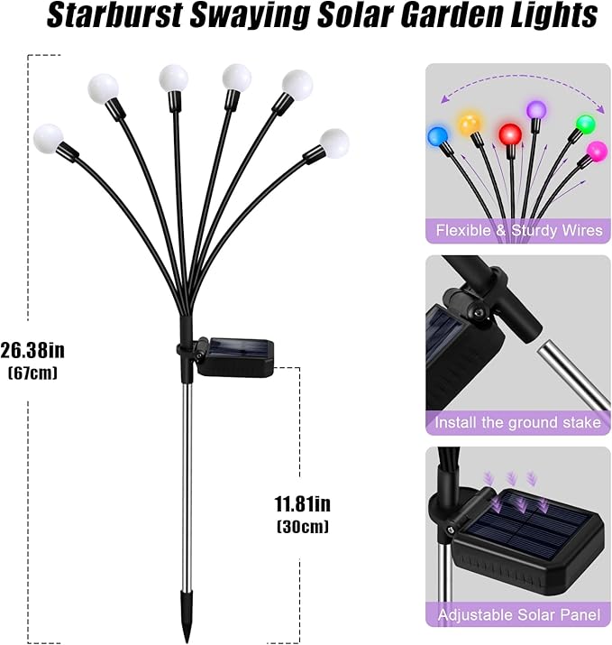 Solar Garden Lights Outdoor, 24 LEDs Solar Firefly Light, Multicolor Changing RGB Swaying Lights Outdoor Waterproof, 4 Pack 6 Heads Christmas Garden Decorative for Yard Patio Pathway Lawn Decor