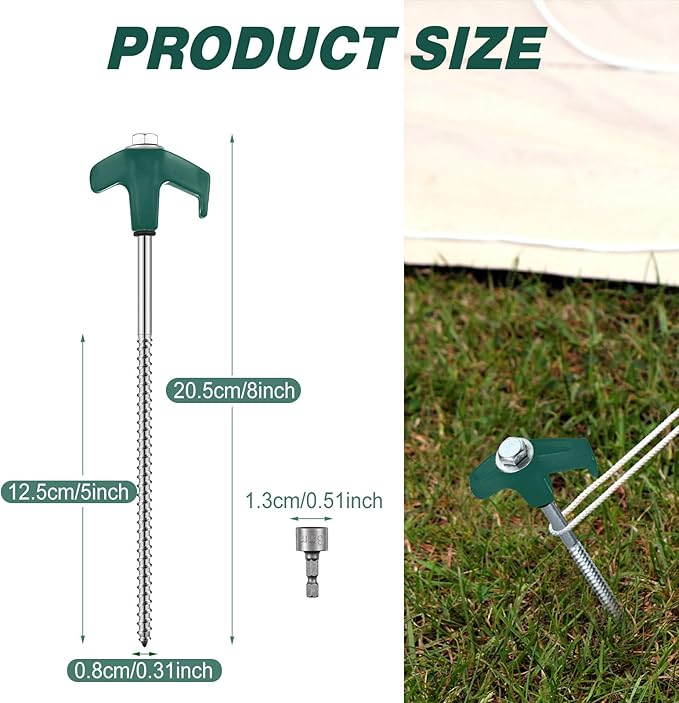 Hicarer 10 Pcs 20 Pcs 8'' Screw in Tent Stakes Heavy Duty Ground Metal Stakes for Inflatables with Hex Head Driver for Outdoor Camping Tent Inflatable Garden Decor (Dark Green)