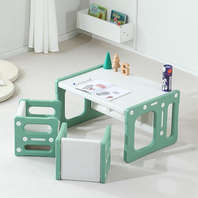 3 in 1 Montessori Weaning Table and 2 Chairs Set, Kids Activity Table Set, 2 Height Levels, Toddlers Activity Table for Drawing, Dining, Reading and Playing, Green