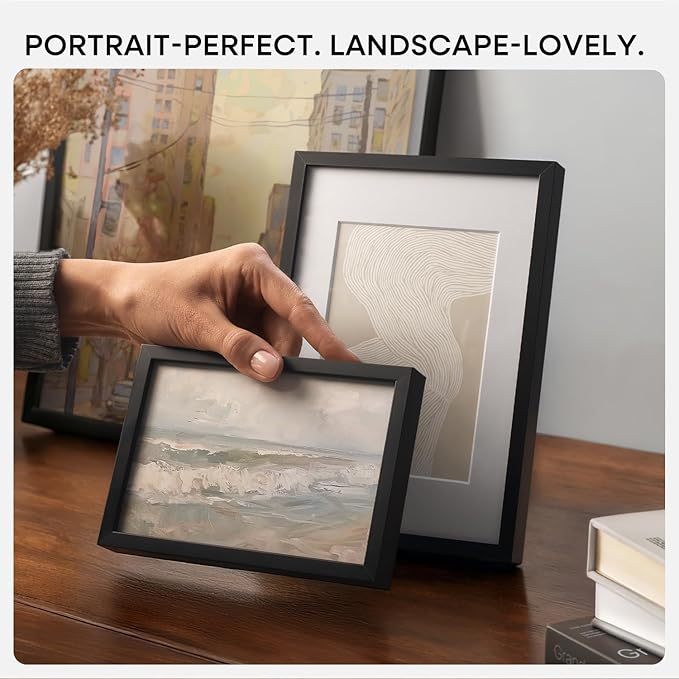 Homeforia Black Picture Frames 8x10, High End Metal 8 x 10 Photo Frame with Mat 5 by 7 Art, 10x8 Black Frame Matted to 5x7 inch Print, 8by10 Wall or Tabletop Frames, Tempered Glass, Wall Kit, Set of 1
