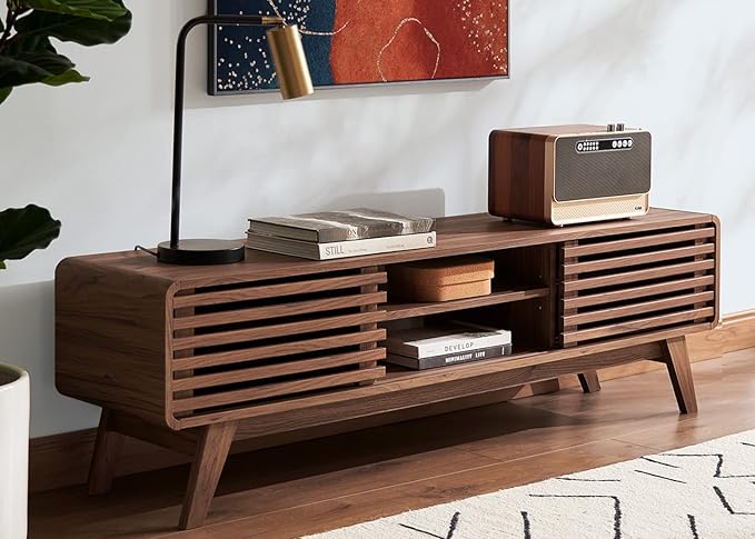 mopio Ensley TV Stand, Mid Century Modern for 55/60/65 inch TV, Farmhouse TV Stand, Entertainment Center with Storage, TV and Media Consol for Living Room (Walnut, 59")