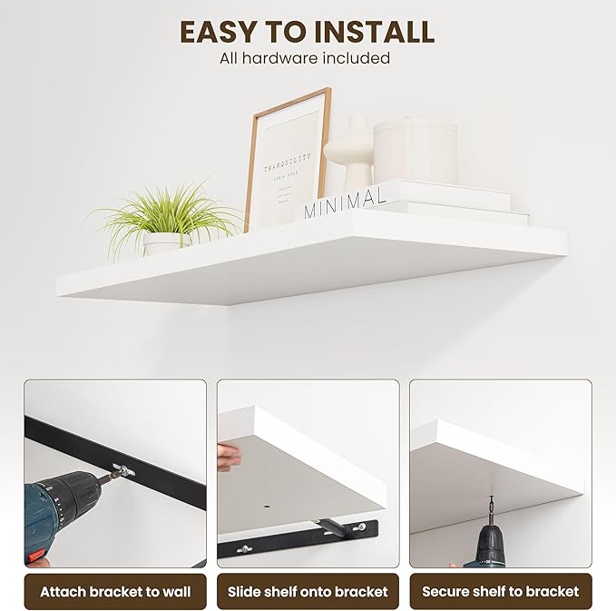 48" Floating Shelves for Wall, 12" Deep Slim White Floating Shelves, Wall-Mounted Shelves for Bedroom, Living Room, Kitchen, Bathroom - Set of 2