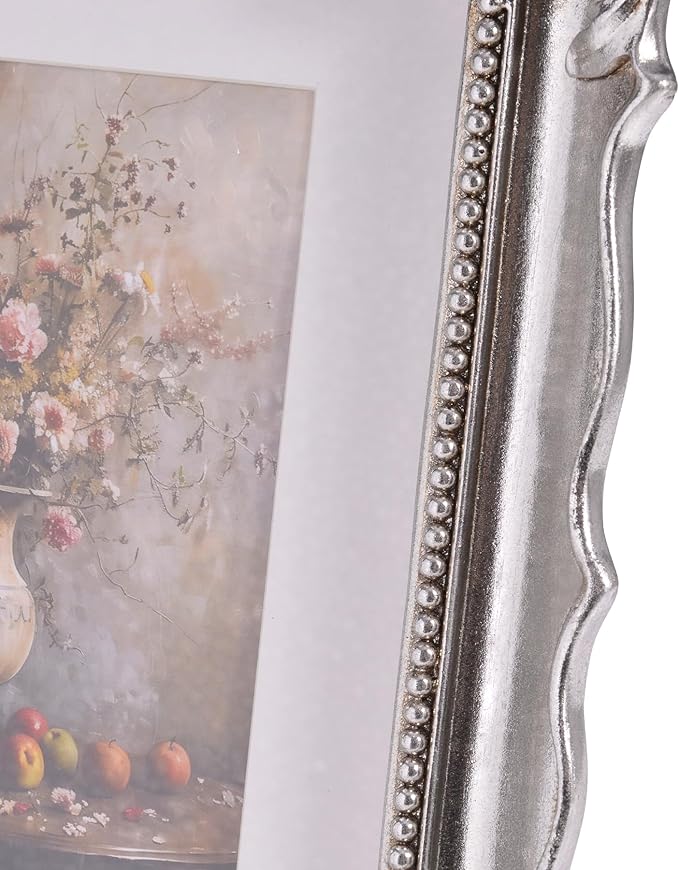 8x10 Vintage Picture Frame with Embossed Flower Design, Silver Ornate Frame for 8x10 or 5x7 Pictures with White Mat, Hand-Crafted Resin Antique Frames for Tabletop & Wall Hanging, Home Decor (Silver)