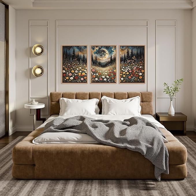 HPINUB Wildflower Moon Forest Framed Canvas Wall Art Set,Nature Pine Tree Wall Decor,Mystical Starry Night Artwork Rustic Mountain Landscape Art Print for Living Room,Bedroom,Office-16 x24 x3