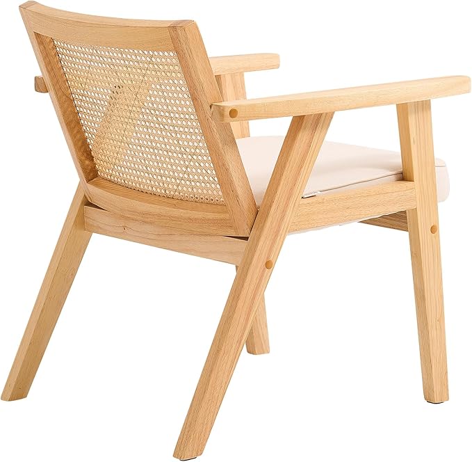 VEVOR Mid Century Modern Rattan Chair, Upholstered Velvet Accent Chair with Rattan Back, Retro Living Room Chair for Living Room, Bedroom, Reading Room, and Office, Beige
