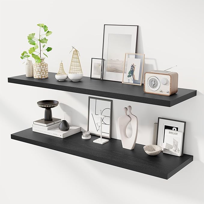 48" Floating Shelves for Wall, 12" Deep Slim Black Floating Shelves, Wall-Mounted Shelves for Bedroom, Living Room, Kitchen, Bathroom - Set of 2